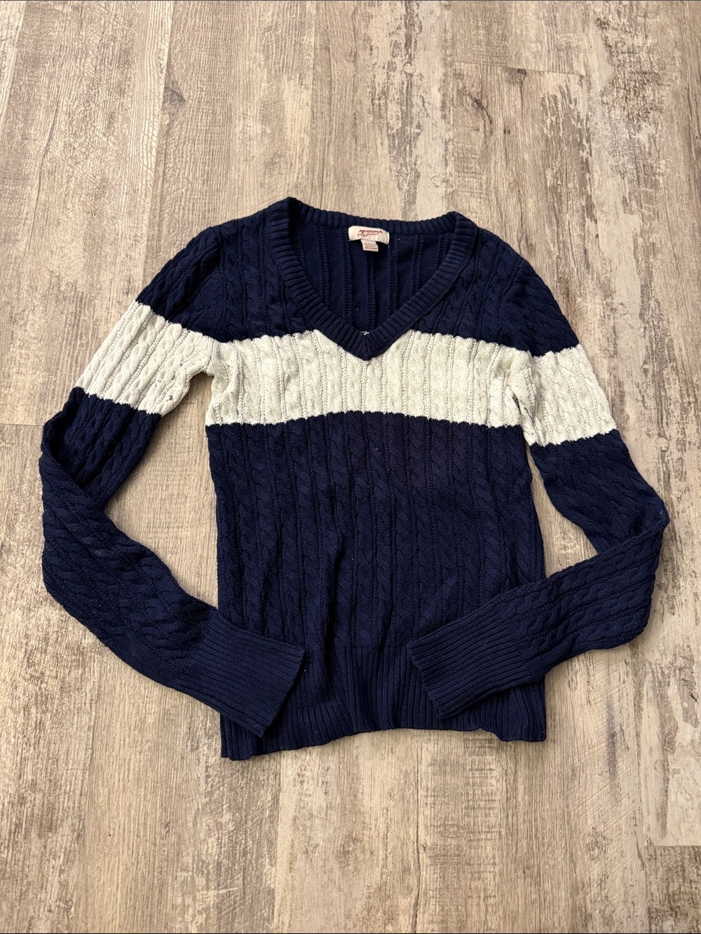Cable Knit V-Neck Sweater in Navy and Cream
